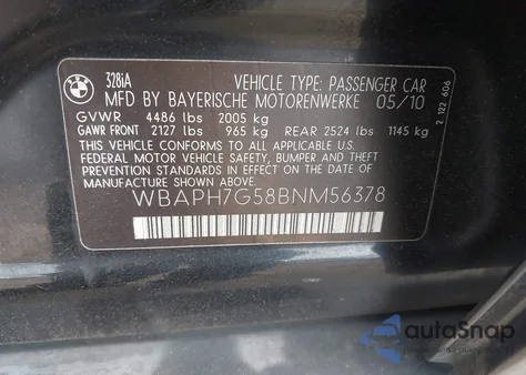 2011 BMW 328I из США, поврежденный, VIN WBAPH7G58BNM56378